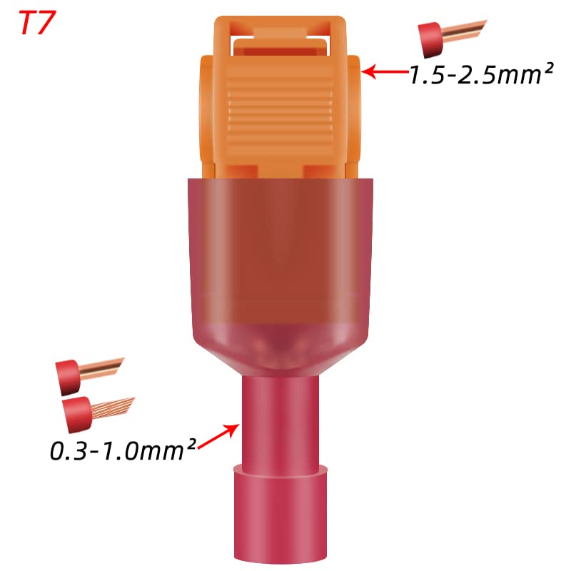 T-Tap Wire Connector,30/50 /100 Pairs Self-Peeling Quick Terminal Blocks, Insulated External Thread Disconnected Spade Shape(T7 OG-RD,100pair)