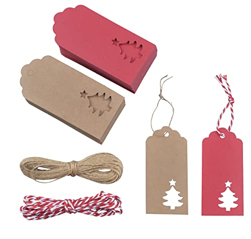 TRABIG Etiquette Cadeau Noel, 100 Pcs Etiquette Cadeau Kraft avec Cordes 2 Rouleaux de Ficelle 10 m pour Décoration de Noël et Emballage Cadeaux Cover