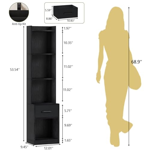Image of Furologee 6 Tier Bookshelf with Drawer, Black 53 inch Tall Narrow Bookcase, Corner Open Cube Shelves, Industrial Wood Floor Standing Rack, Display Storage Shelf for Living Room, Bedroom, Office, Kitchen