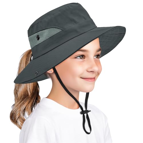 Zando Kids Bucket Hat Girls Sun Hat with Ponytail Hole UPF 50 Outdoor Hat Wide Brim Beach Summer Cap for Kids Ags 4-12