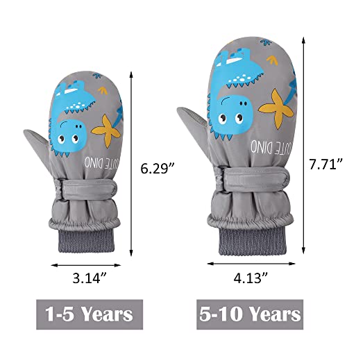 Fynnsure Toddler Mittens Kids Snow Gloves Waterproof Ski Mittens Winter Warm Gloves Baby Mittens For Boys Girls Dinosaur-Gray 5-10 Years #TOP3