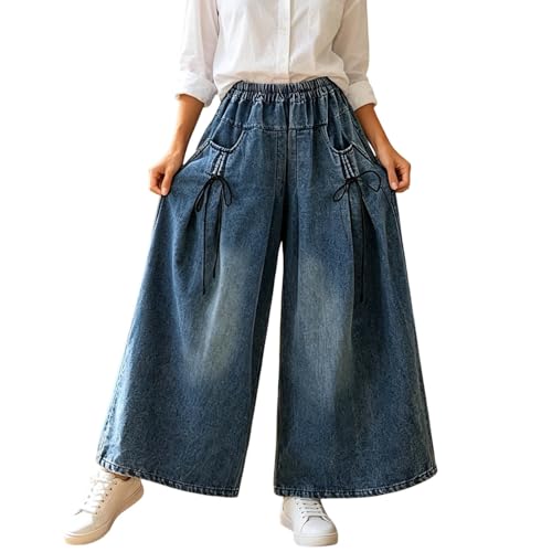 Pantalon sarouel en denim plissé et fluide à jambes larges rétro