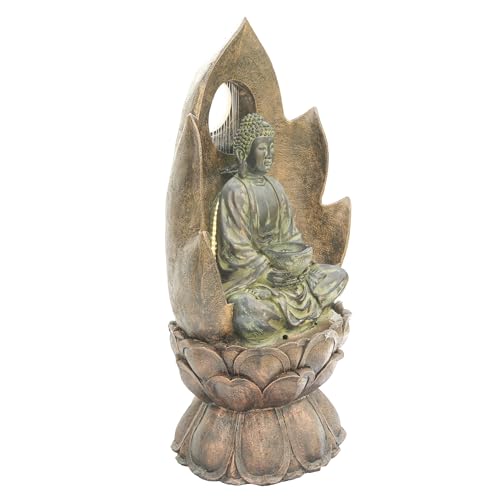 Image of Alpine Corporation 59 inch Tall Outdoor Buddha Fountain with LED Lights, Elegant Water Feature for Garden, Patio, Yard & Outdoor Spaces, Realistic Stone Look, Calming Waterfall for Relaxation, Brown
