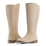 Shoe'N Tale Wide Calf Knee High Boots for Women Flat Low Heel Width Stretchy Round Toe with Side Zipper Fall and Winter Fashion Comfortable(7.5,Khaki)