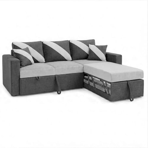 Image of FURNY Trivia 4 Seater RHS Lounger Sofa Cum Bed (Dark Gray - Light Gray) with Pull-Out Function | Luxury Velvet Suede Finish | Durable Comfort | Ideal for Living Room