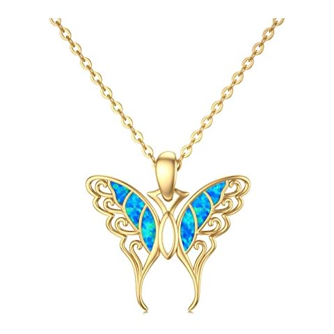 SISGEM 14K Real Gold Butterfly Necklace with Blue Opal for Women,Yellow Gold Butterfly Pendant Necklace Dainty Filigree Butterfly Jewelry Gifts for Birthday Christmas,16+1+1 inch Cover