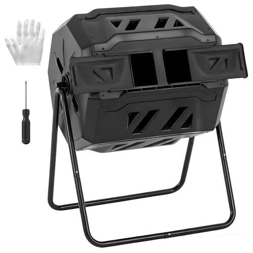 OLIXIS Compost Bin Outdoor 43 Gallon, Dual Chamber Composter Tumbler Outdoor with Gloves, Efficient 360°Rotating Composting Bin for Patio, Lawn, Home Gardening and Landscape, Black