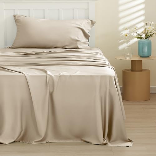 Image of Bedsure Cooling Sheets Twin, Rayon Derived from Bamboo, PureWoven, Breathable & Soft, Deep Pocket Up to 16 Inches, Hotel Luxury Silky Bedding for Hot Sleepers, Beige