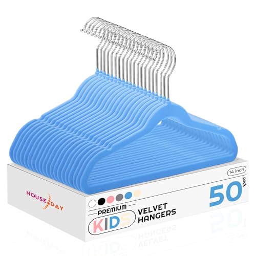 Image of HOUSE DAY 14 Inch Kids Velvet Hangers 50 Pack, Durable Big Kids Hanger for Youth, Non Slip Kid Felt Hangers, Cute Childrens Hanger for Closet, Blue