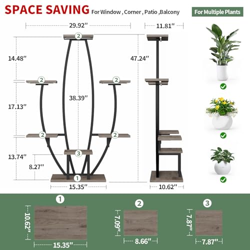 Image of Plant Stand Indoor with Grow Lights - 7 Tiered Corner Plant Shelf Indoor, 47 inch Tall Plant Stands for Indoor Plants Multiple, Metal Plant Rack Flower Holder for Living Room, Home Decor, Oak Grey