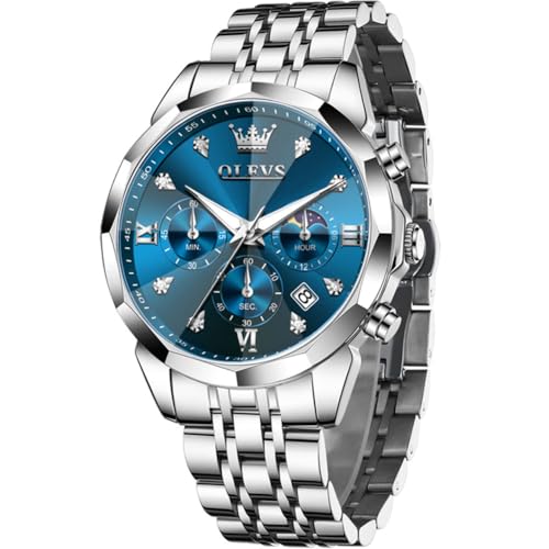 OLEVS Männer Uhr Quarz Luxus Business Uhren Multifunktion Chronograph Mondphase wasserdicht Leuchtend Alle blauen Gesicht Silber Edelstahl Armbanduhr