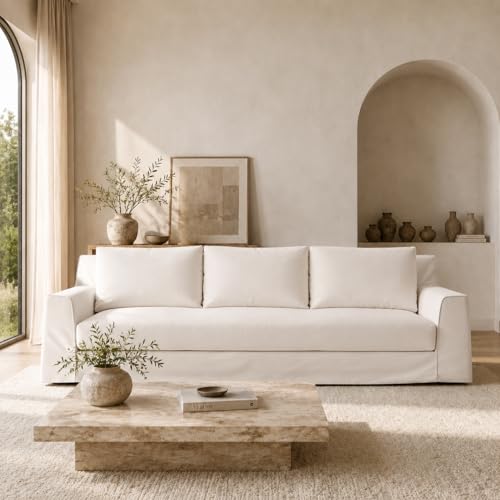 Vorthio 110" Modern Slipcovered Sofa with One-Piece Easy Removable Washable Linen Style Blend Fabric Slipcover, Deep Seat Upholstered White Cloud Couch for Living Room Oversize 3 Seater, Easy Assembly