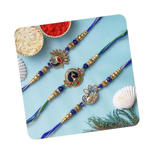 Image of eCraftIndia Set of 3 Peacock Designer Rakhis for Brother Bhabhi Kids Bhaiya | Raksha Bandhan Rakhi Combo Hamper