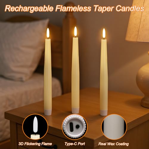 Image of GenSwin Rechargeable Flameless Taper Candles, 3 Pack Ivory LED Taper Candles Battery Operated with Remote Timer, Real Wax Flameless Candlesticks for Christmas Holiday Home Decor