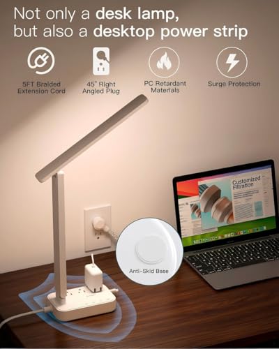 Image of Addtam LED Desk Lamp, Power Strip with 3 Outlets 4 USB Charging Ports(2 USBC), 4 Modes 5 Level Brightness Touch Lamp, Small Desk Lamp for Home Office College Dorm Room Essentials, White
