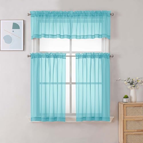 Image of Chyhomenyc Sheer Valances for Windows, Light Filtering Small Window Curtains for Living Room Bathroom Cafe Laundry Basement, Modern Top Dual Rod Pocket Voile Curtain, 42Wx14L inches, Aqua, 2 Pieces