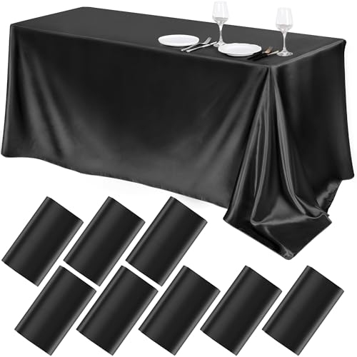 Image of TURSTIN 8 Pack Black Satin Tablecloth 102 x 58 Inch Overlay Table Cover