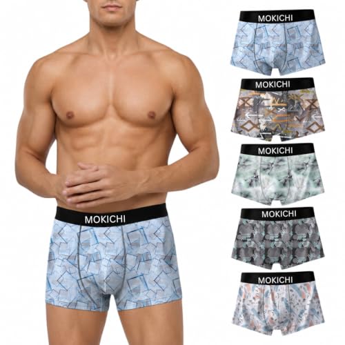 Image of Men's Printed Boxer Briefs Pack of 5 | Soft Stretch Polyester-Spandex Trunks | Breathable Quick-Dry Innerwear | Elastic Waistband | Comfortable Everyday Underwear for Men