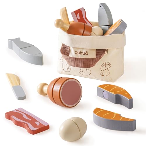 Image of ROBUD Wooden Play Food Set, Cutting Toy Food for Pretend Kids Play Kitchen Accessories Toy Food with Storage Bag, Toys Gifts for 3+ Year Old Girls Boys, Meat Set