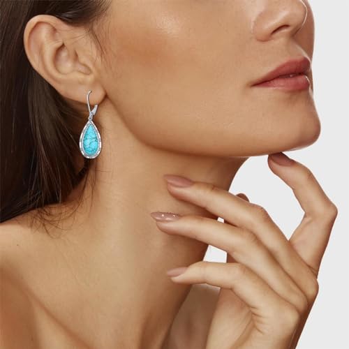 Genuine Turquoise Dangle Teardrop leverback Earrings, Sterling Silver Vintage Native American Western Jewelry Earrings Birthday4