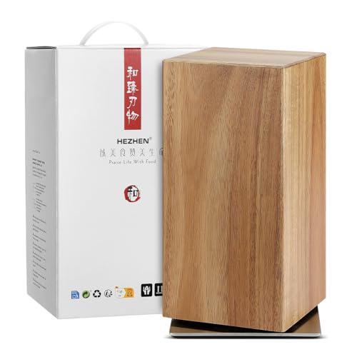 HEZHEN Ceppo Portacoltelli Magnetico Girevole 360° Legno d'Acacia - Blocco Rotazione - Supporto Magnetico a Quattro Lati per Coltelli da Cucina con Base Antiscivolo
