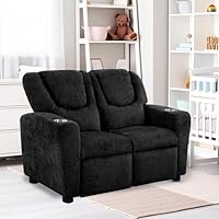 Naomi Home Suri Kids Recliner Loveseat with Cup Holders & Footrests, Black Chenille - Cozy 2-Seater Lounge for Children
