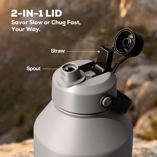 Image of POWCAN 64 oz Insulated Water Bottle with 2-in-1 Straw and Spout Lid, Keep Cold 48H, Leakproof, Carrier Bag, Stainless Steel Sport Water Bottle for Men, Fitness, Outdoors, Gym and Travel (Obsidian)