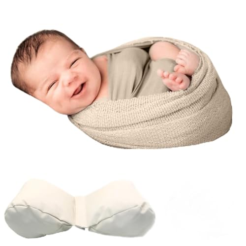 Image of SPOKKI Newborn Baby Photography Butterfly Posing Pillow, Baby Photoshoot Props with Long Ripple Beige Pearl Wrap Outfits for Boy Girl Princess