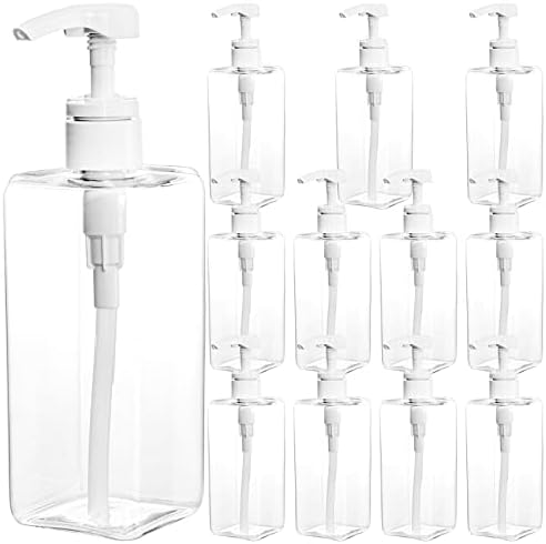 Okllen 12 Pack 16 Oz Plastic Pump Bottles, Empty Refillable Container Liquid Soap Dispenser for Shampoo, Lotion, Cleaning Products, Kitchen, Bathroom, Clear Square