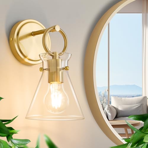 Image of Gold Wall Sconce 1-Light Farmhouse Vanity Light Fixtures | Hardwired Modern Wall Lights 6'' Clear Glass Shade for Bathroom, Living Room, Mirror, Kitchen