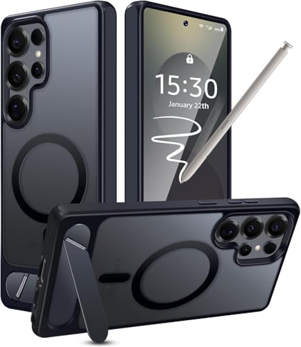 Image of DIZORO Magnetic Cover Compatible for Samsung S24 Ultra 5g Case with Adjustable Metal Kickstand, Compatible with Mag-Safe Translucent Matte Shockproof Protective Phone Case, Black