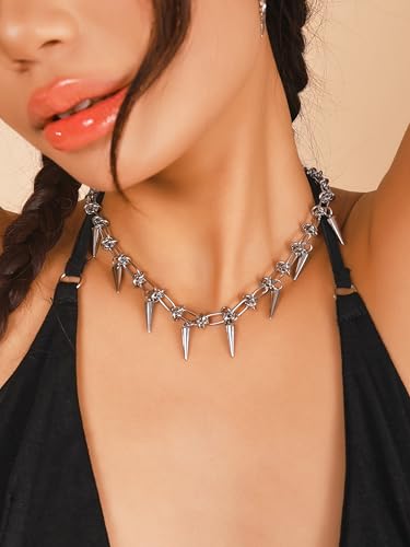Sacina Silver-tone Chunky Chain Spike Choker, Emo Punk Grunge Necklace, Goth Y2k Aesthetic Jewelry, Christmas Jewelry Gift for Women4