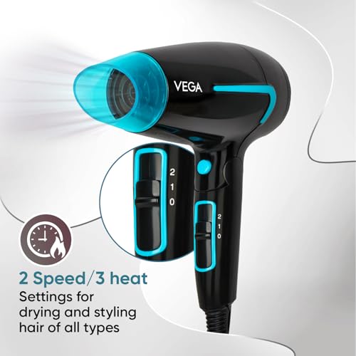 Vega U Style Foldable Hair Dryer for Women & Men with 1600W, Cool Shot Button, 2 Speed/3 Heat Settings, Detachable Nozzle, Travel Friendly, Fast Hair Drying, (VHDH-24) - Image 4