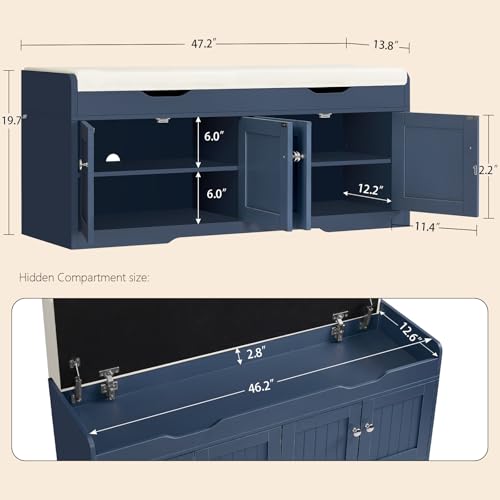 Image of TEENFON 3-Tier Storage Bench, 47.2 inch Wide Shoe Bench with Lift Top Storage & 2 Adjustable Shelves, Entryway Bench with Padded Seat Cushion, Shoe Cabinet Bench for Entryway, Living Room, Bedroom (Blue)