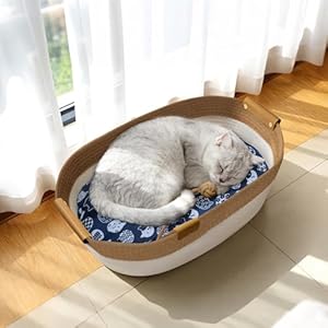 Mittimiya Baumwollseilen Gewebtes Katzenbett mit Kissen, 55 X 40 X 17 cm Krallen-SchleifbestäNdiges Waschbar Katzenkorb, Katzenkorb zum Schlafen für Alle Jahreszeiten Geeignet