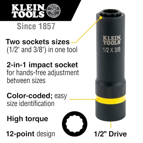 Image of Klein Tools 66016 2-in-1 Impact Socket with 12-Point Deep Sockets, Coaxial Spring Loaded in 1-1 /8 and 15 /16-Inch Sizes