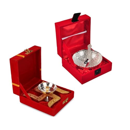 Image of Set of 2 Swastik Brass Akhand Diya and Silver Bowl with Gift Box, Gold & White Akhand Diyas Pooja Room Decoration, Return Gift & House Warming Gift