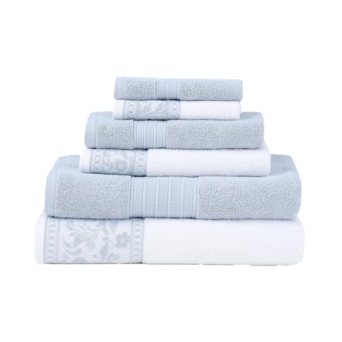Modern Threads Allie 6-Piece 100% Cotton Towel Set Jacquard Floral Border Includes 2 Bath Towels 2 Hand Towels 2 Washcloths Absorbent Quick Dry Soft & Durable Light Blue