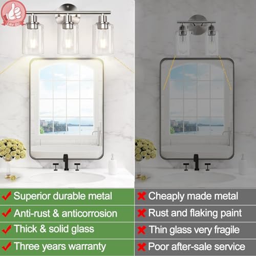 Image of Zarbitta 3-Light Bathroom Light Fixtures, Brushed Nickel Vanity Light, Farmhouse Wall Lights with Clear Glass Shade, Bathroom Wall Lamp for Mirror Kitchen Bedroom Hallway Living Room Hallway Cabinet