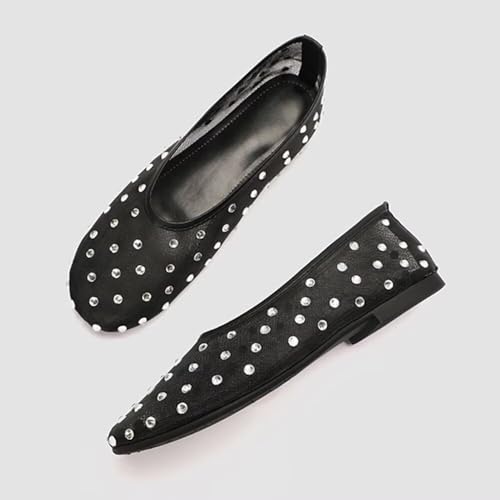 Hee grand Mesh Flats for Women Round Toe Shallow Slip On Ballerina Shoes Rhinestone Studded Drees Shoes4