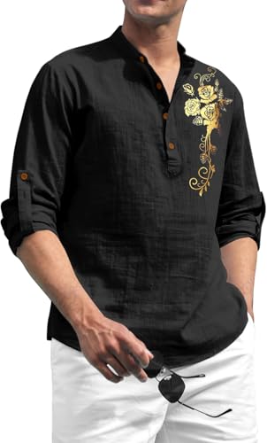 Image of Zombom Men's Cotton Polyester Blend Mandarin Collar Self One Design Printed Full Sleeve Casual Short Kurta Shirt