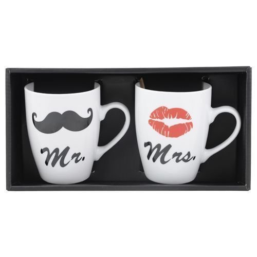 Pärchen-Tassenset Mr. & Mrs. – Bart & Kussmund Mit Herzhenkel | Geschenk Für Paare