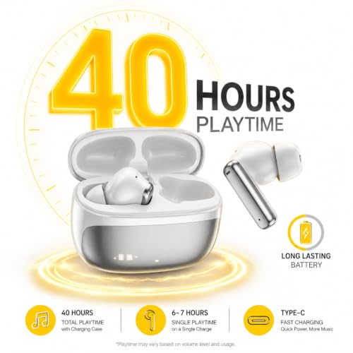 Image of J40 Wireless Bluetooth Earbuds with ENC Quad Mic, 40 Hours Playtime, Bluetooth 5.4, Deep Bass Sound, Touch Controls, Type-C Fast Charging, IPX5 Sweat Resistant TWS Earbuds (Silver Grey)