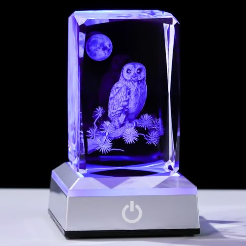 Image of 3D Laser Etched Crystal Owl Night Light - Color-Changing LED Base, K9 Crystal Paperweight & Home Decor Gift for Owl Lovers - 3.15inch