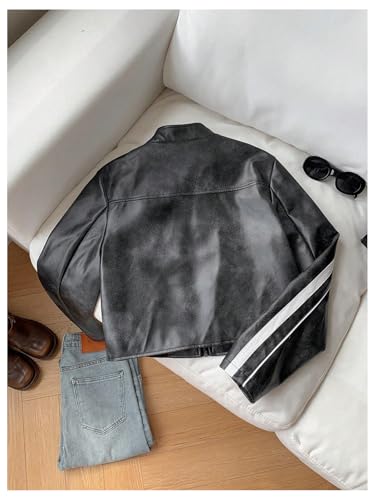 MakeMeChic Girl's Striped PU Leather Zip Up Jacket Long Sleeve Mock Neck Streetwear Y2K Coats2