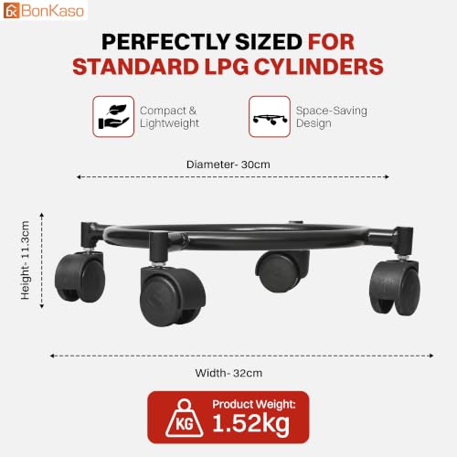 Image of Bonkaso Gas Cylinder Trolley with Handle, Heavy-Duty Alloy Steel Stand with 4 PP Twin-Wheel 360 Swivel Casters, 60 kg Load Capacity, Powder-Coated Black Finish