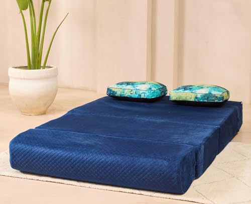 Image of uberlyfe Xtra High, Xtra Soft 2 Seater (4' x 6') Sofa Cum Bed | 1 Year Warranty |17 inch Sofa Height | Twin Size Foldable Bed | Plush Laser Quilted Fabric | 2 Cushions Ocean Hues Pattern | Deep Blue Color