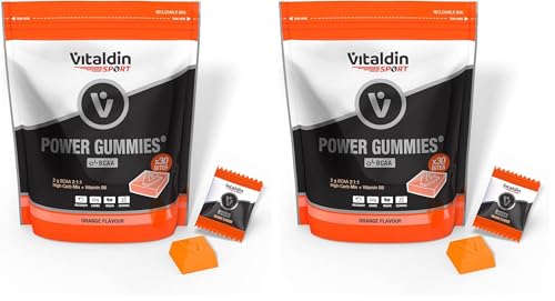 VITALDIN SPORT Power Gummies – Protección y recuperación muscular – 2 gr de Aminoácidos BCAA de ratio 2:1:1 por serving + Vitamina B6 – Doypack de 30 Bites de gominola – Sabor naranja – Vegano