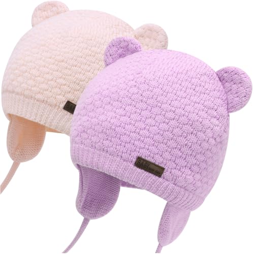 Image of Duoyeree Baby Winter Hat, Bear Knit Earflaps Cotton Lined for Toddler Kids | Windproof bear earflap; double layer cotton lined knit; unisex infant hat, 3 sizes 0-18m for autumn winter daily wear