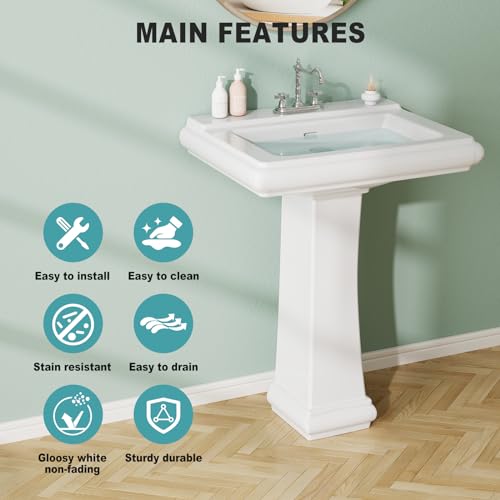 Rectangular Pedestal Sink, Bathroom Pedestal Sink 26 X 20 Inch White Ceramic Pedestal Bathroom Sink with Overflow & 3 Pre-Drilled Holes for 4-Inch Faucets